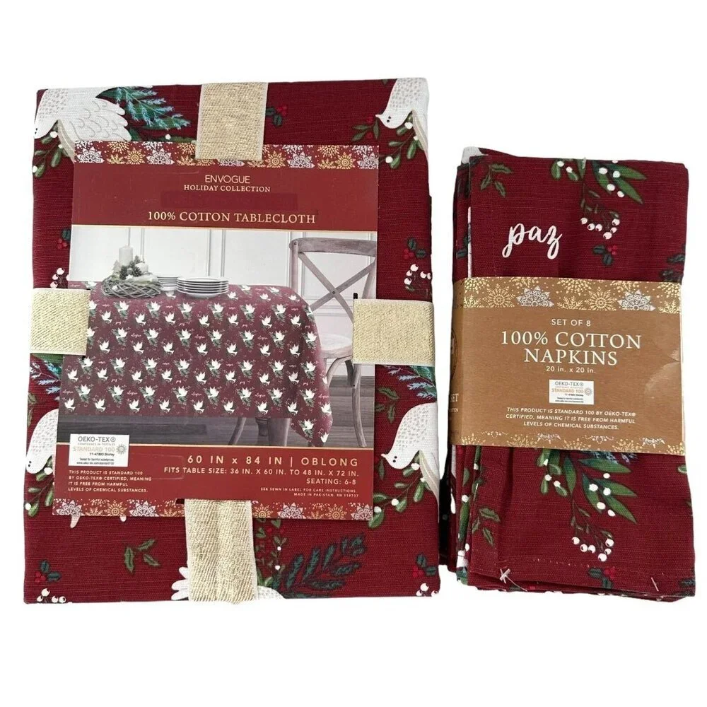 NEW Envogue Holiday Collection Tablecloth Napkins Christmas Dove 60 x 84 Oblong